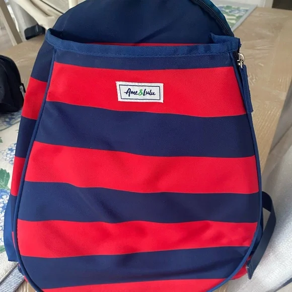 Sporty Red and Blue Striped Tennis Backpack - Picture 2 of 4